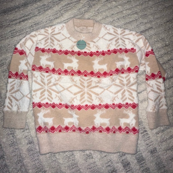Snowflake Fawn Pattern Crewneck Sweater Long Sleeve Knit Pullover, Size: M - Picture 8 of 8